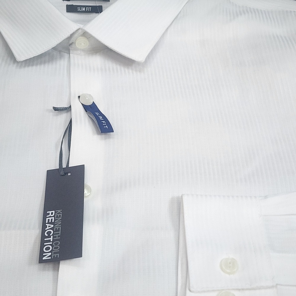 Kenneth Cole Reaction Dress Shirt White Tonal Stripe Slim Fit‎ Mens 18 36-37 NEW - Picture 4 of 9
